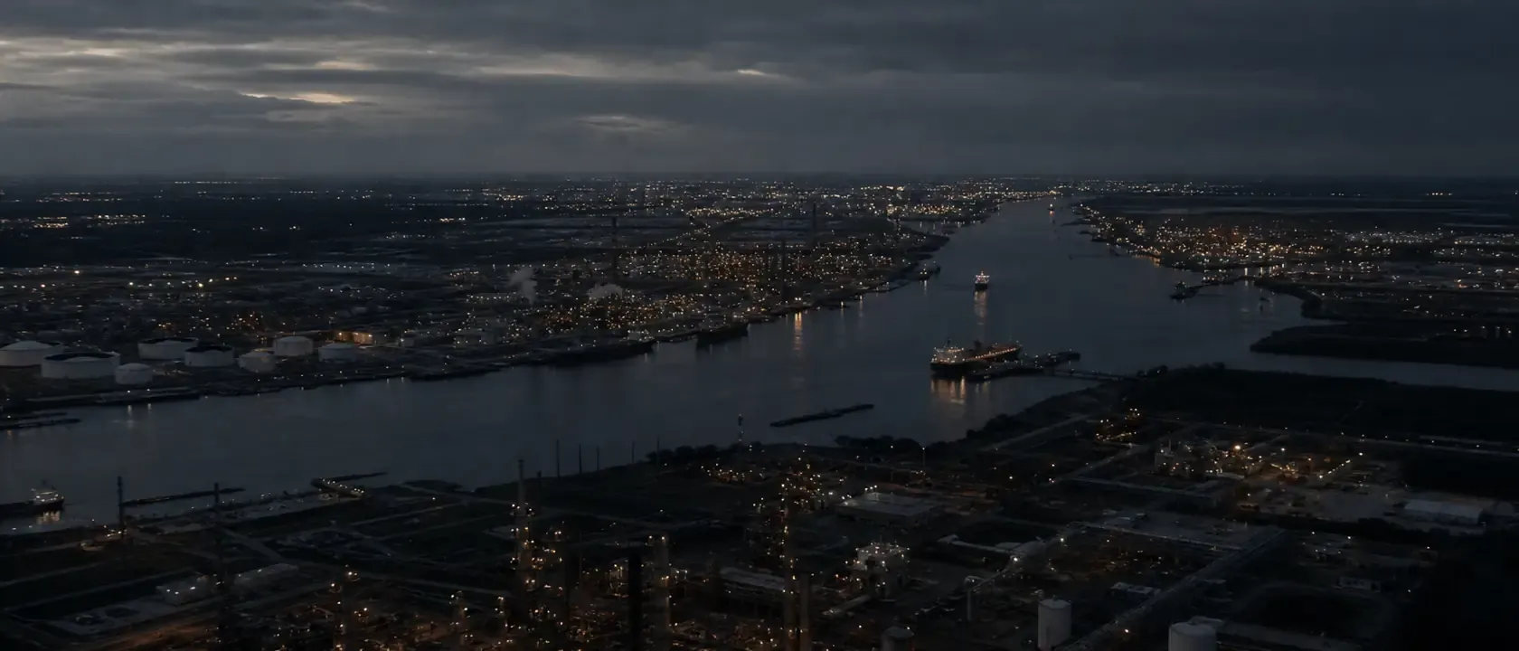 Aerial view of the Houston Ship Channel and industrial corridor at dusk