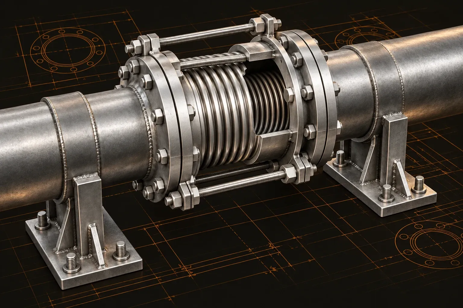 Restrained bellows expansion joint with tie rods, flanged pipe ends, and an anchored support.