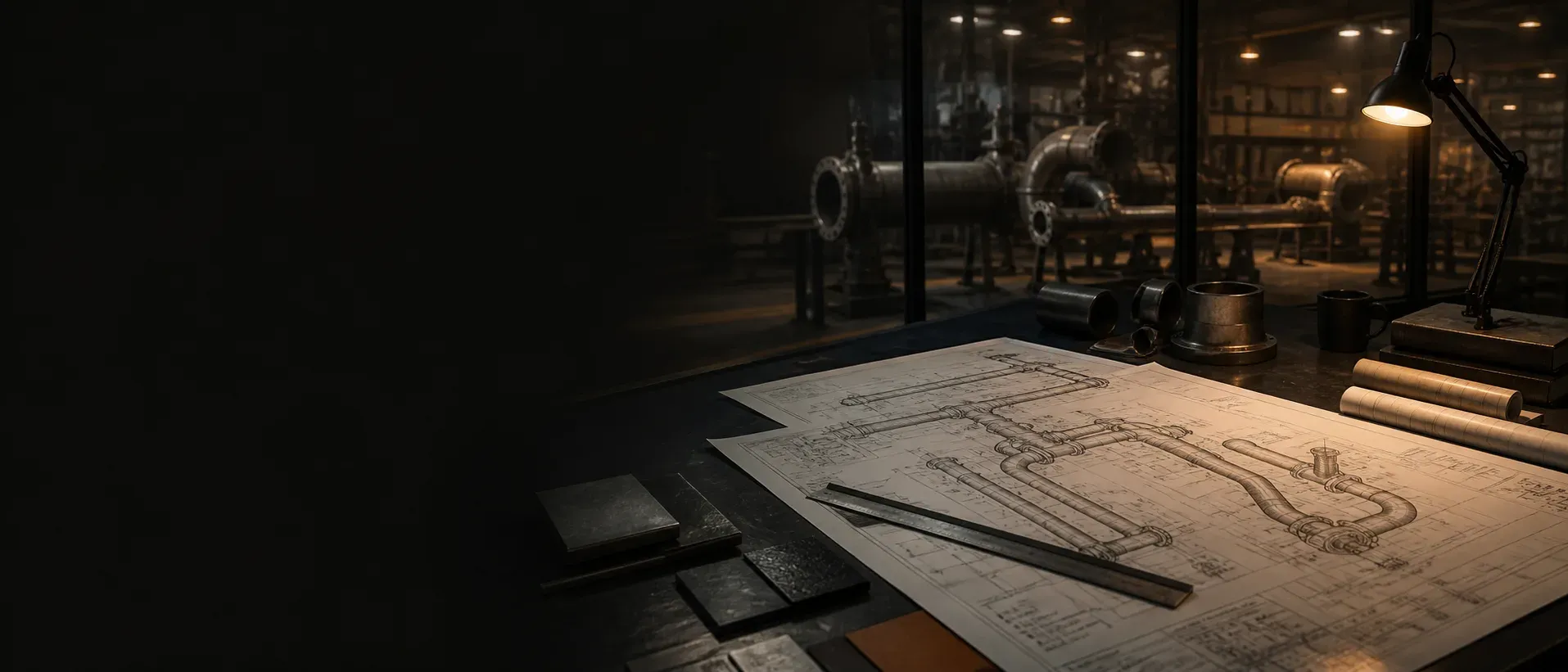 Engineering drawings and material samples in a technical studio overlooking a fabrication bay