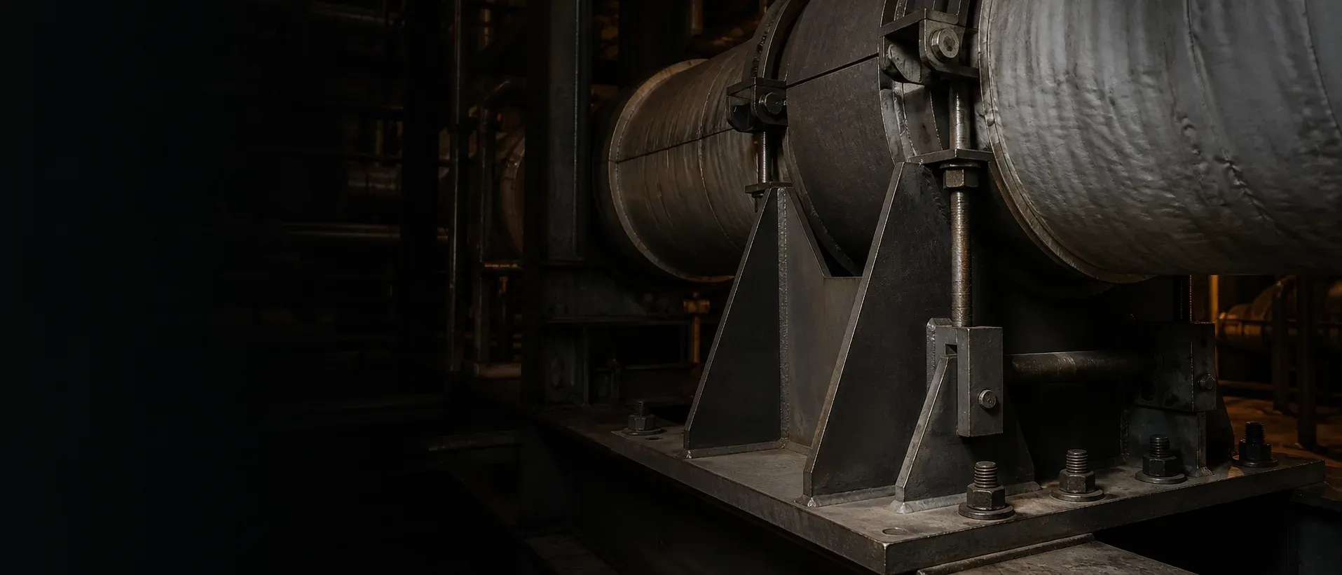 Engineered steel restraint supporting a large industrial process pipe