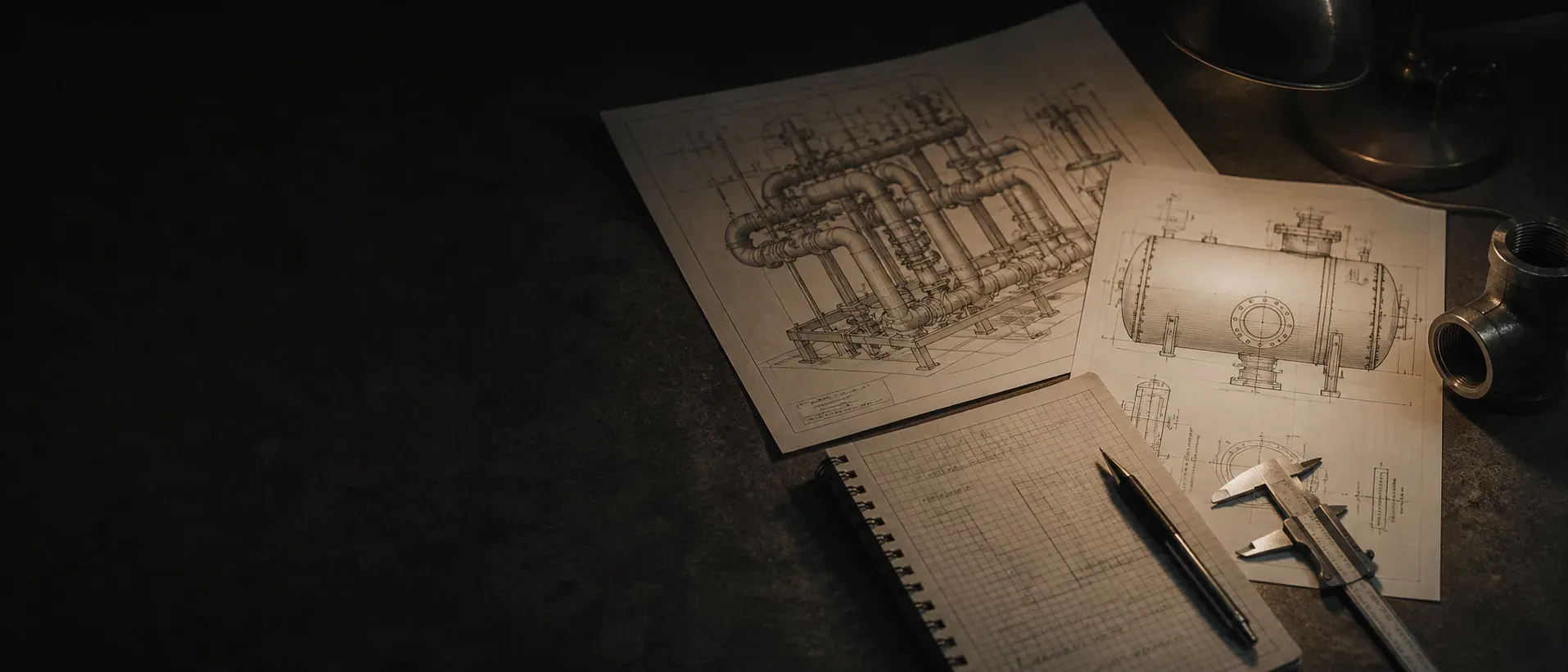 Piping drawings, calculation notes, and engineering instruments on a drafting table