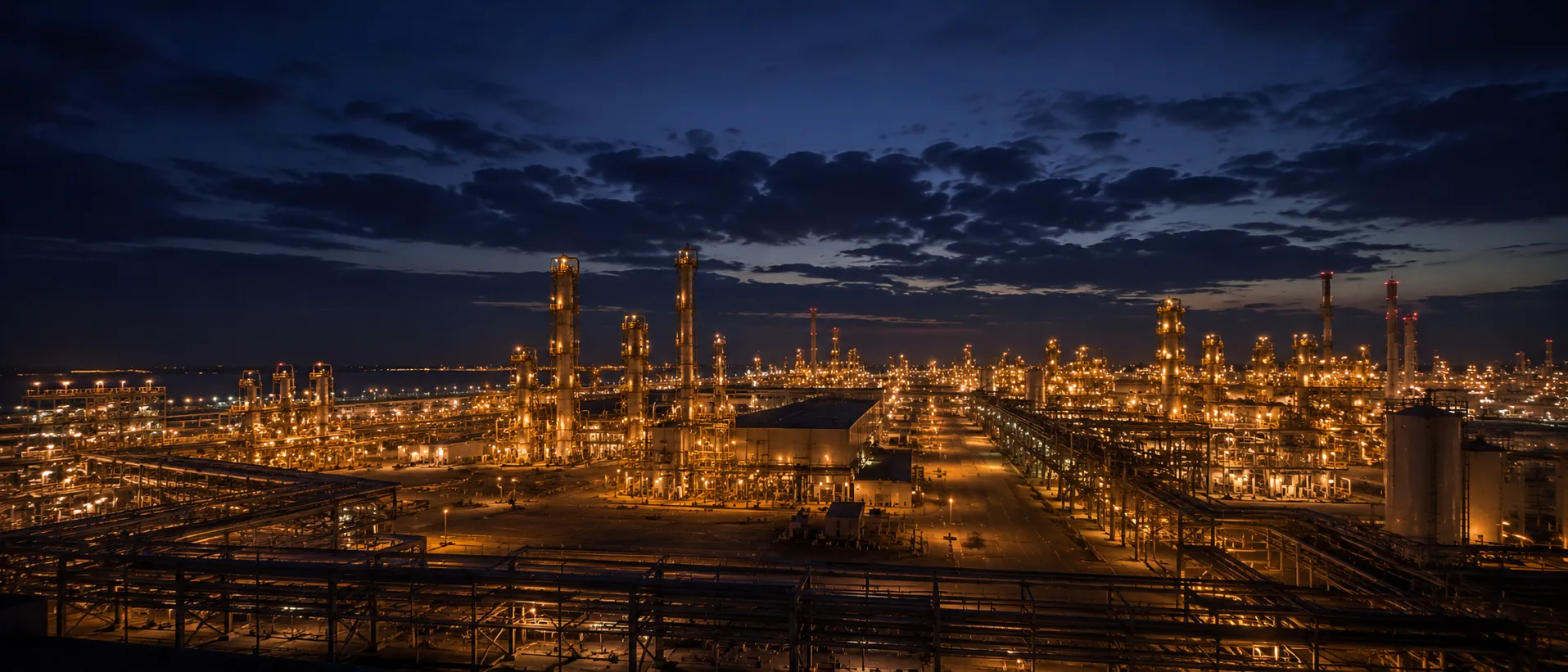 Wide view of a large industrial complex at blue hour