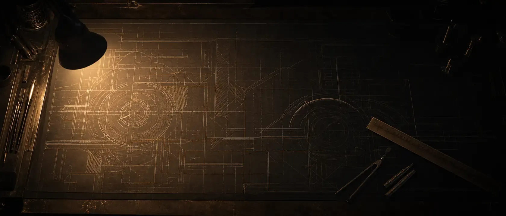Technical design and engineering drawing on a drafting table under warm light