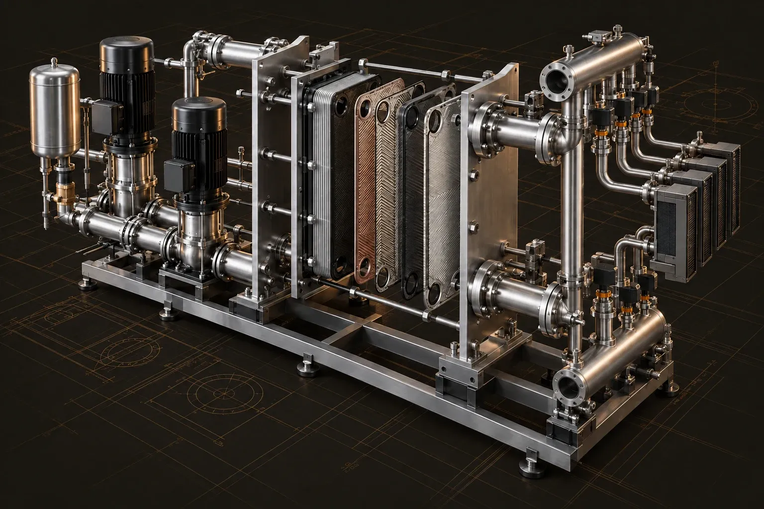 Data-center cooling distribution unit with plate heat exchanger, pumps, and stainless manifolds.