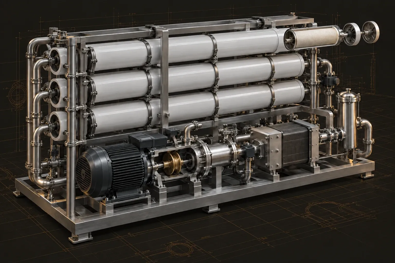 Reverse-osmosis train with membrane housings, high-pressure pump, and energy recovery equipment.