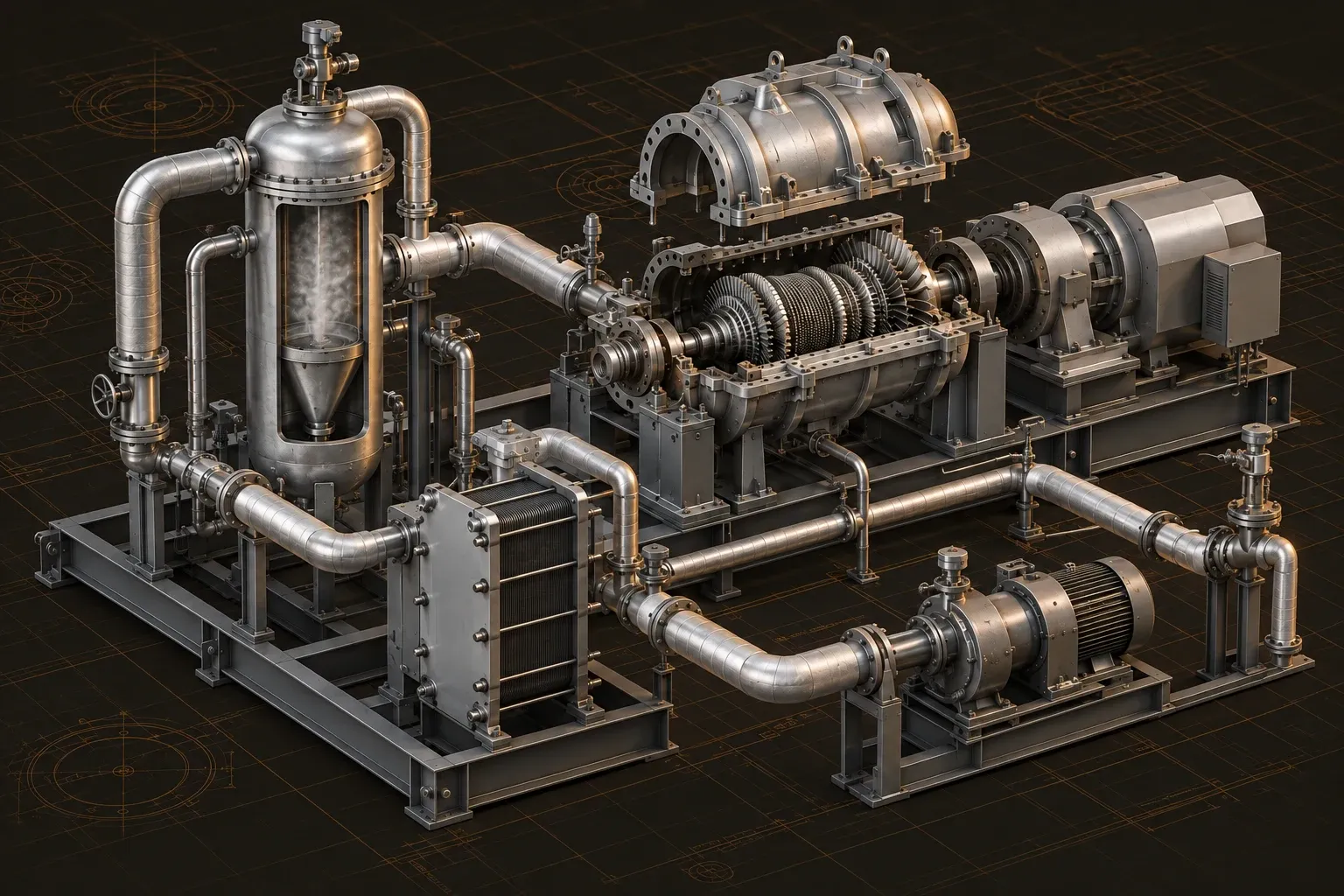 Geothermal surface module with steam separator, turbine cutaway, brine piping, and reinjection pump.
