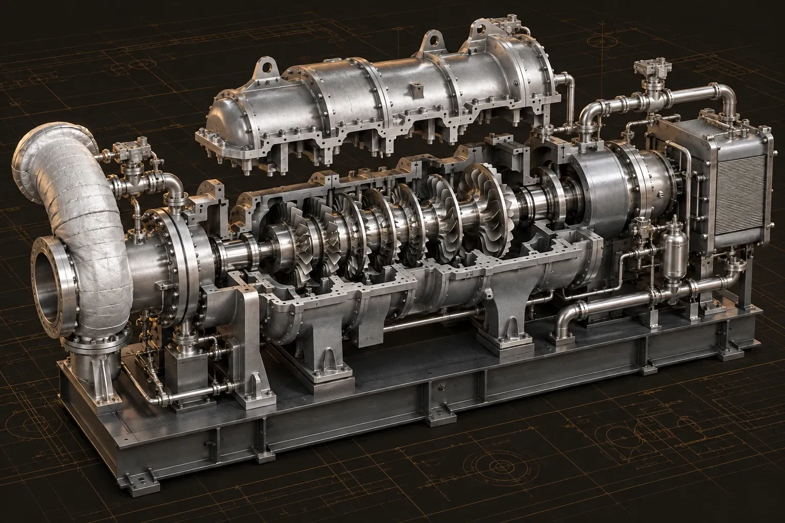 Cutaway multistage gas compressor with insulated piping and a heat exchange module.