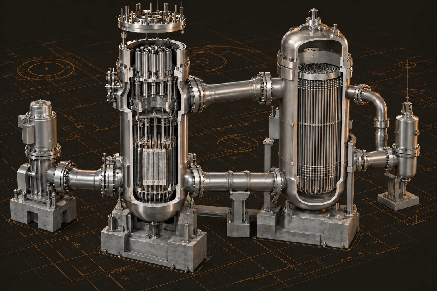 Cutaway pressure vessel, steam generator, and primary piping for a conceptual nuclear power island.