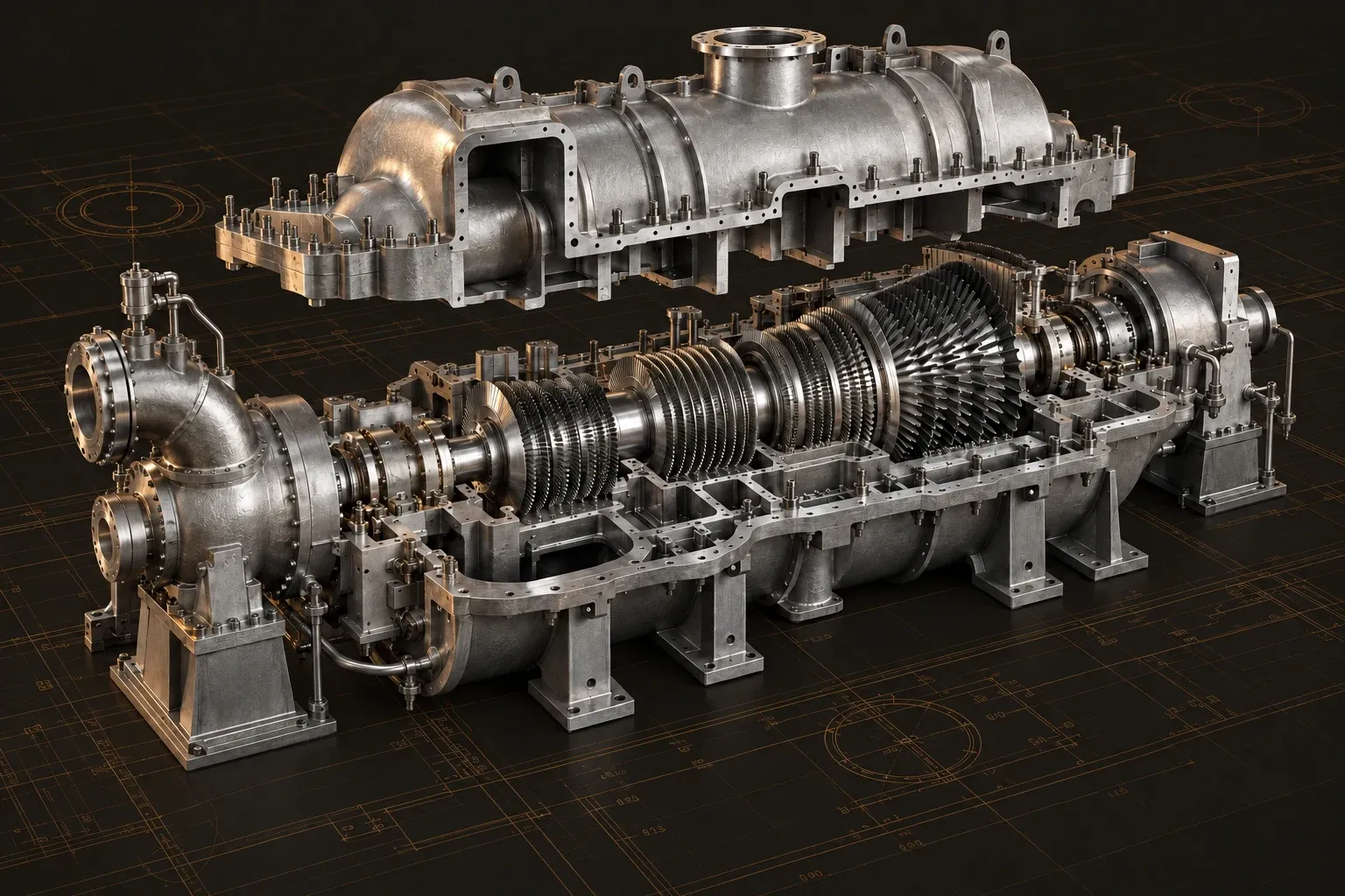 Exploded steam turbine with lifted casing, multistage rotor, bearings, and steam inlet piping.