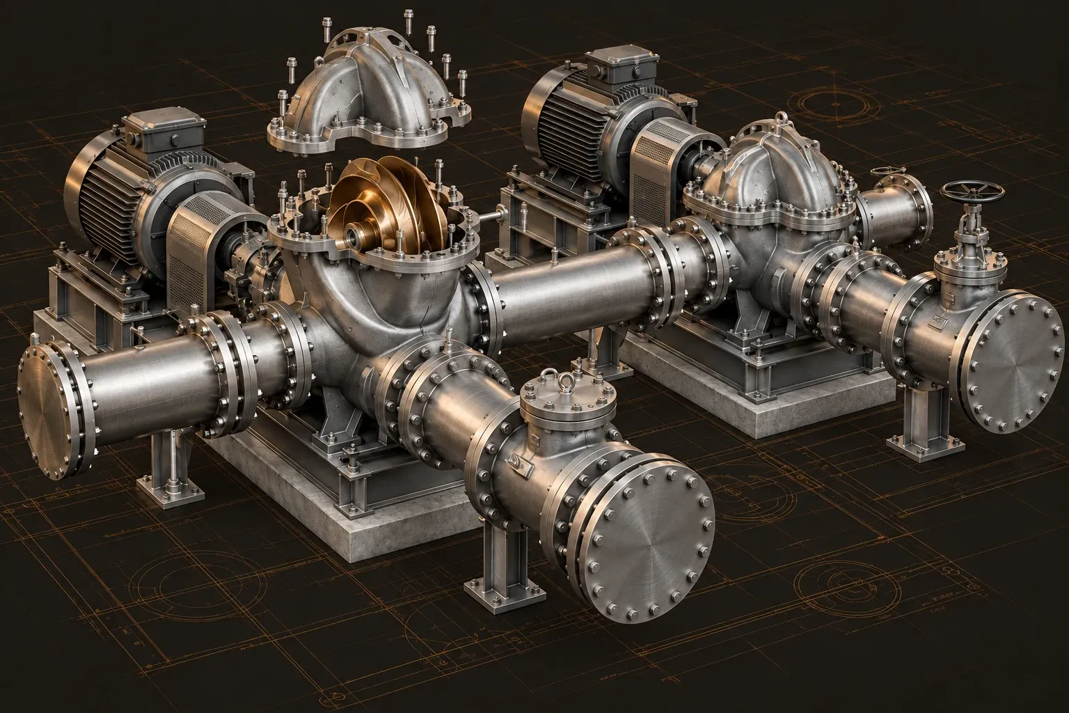 Water pumping station with split-case pumps, large flanged headers, and check valves.