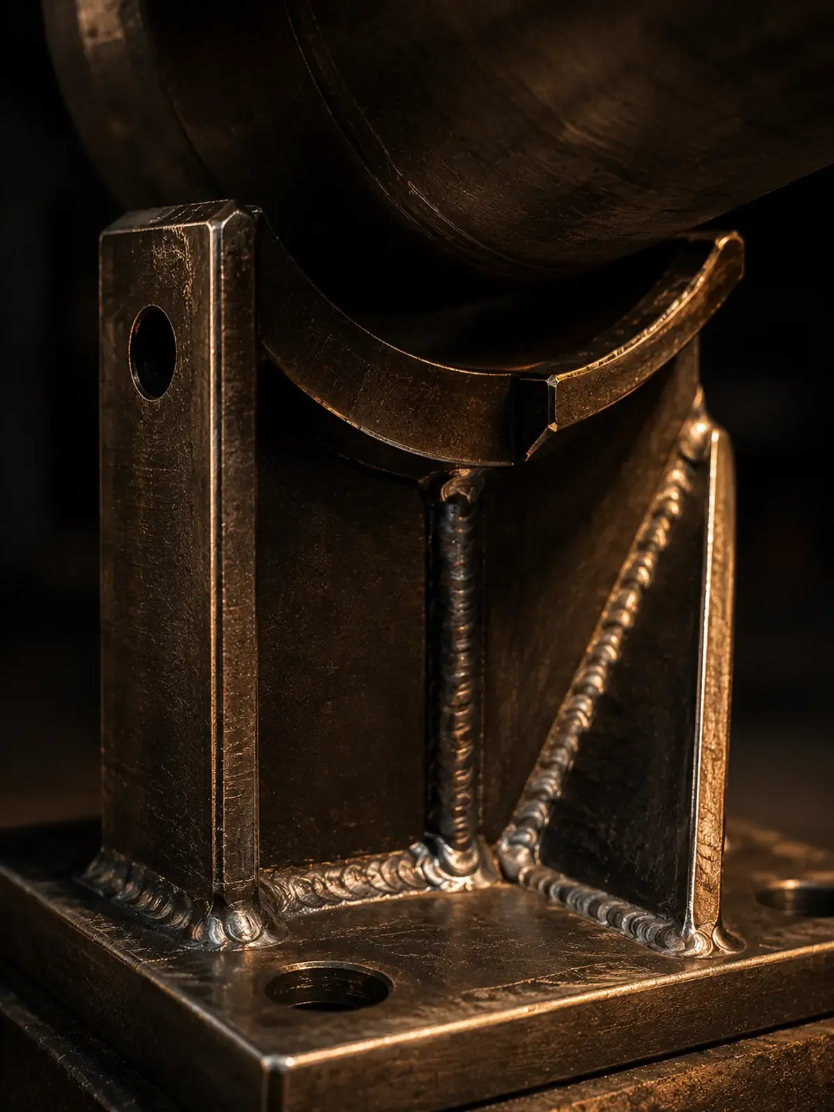 Close detail of a welded steel pipe shoe support