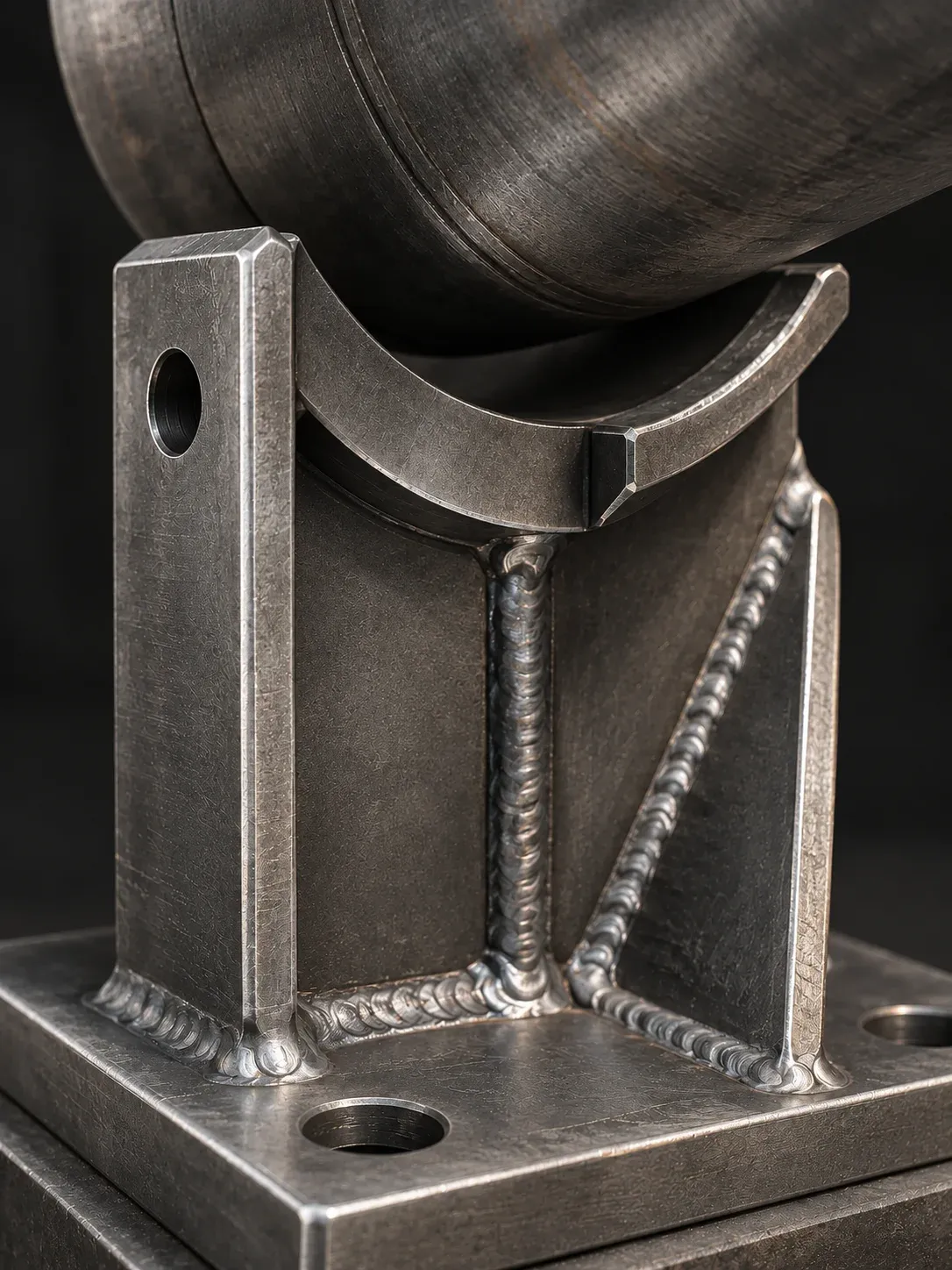 Close detail of a welded steel pipe shoe support