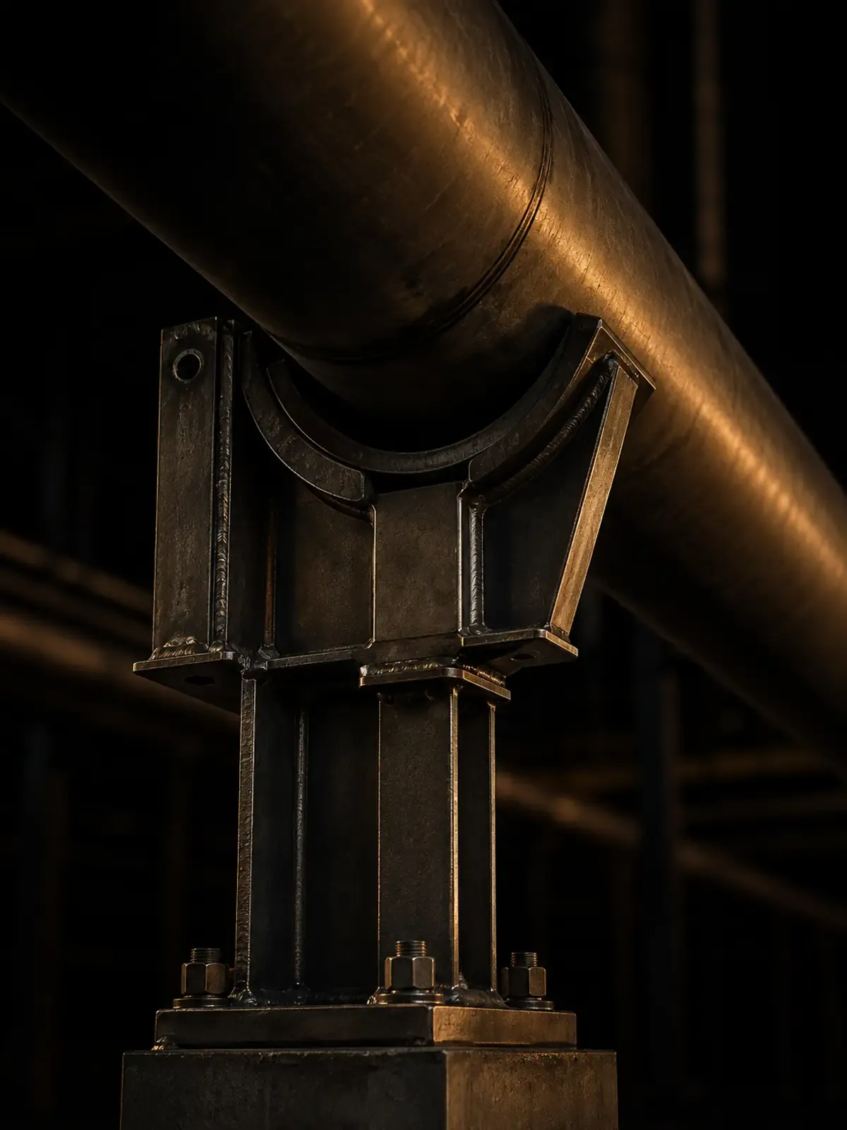 Designed and engineered welded steel pipe support bracket cradling a large-diameter pipe