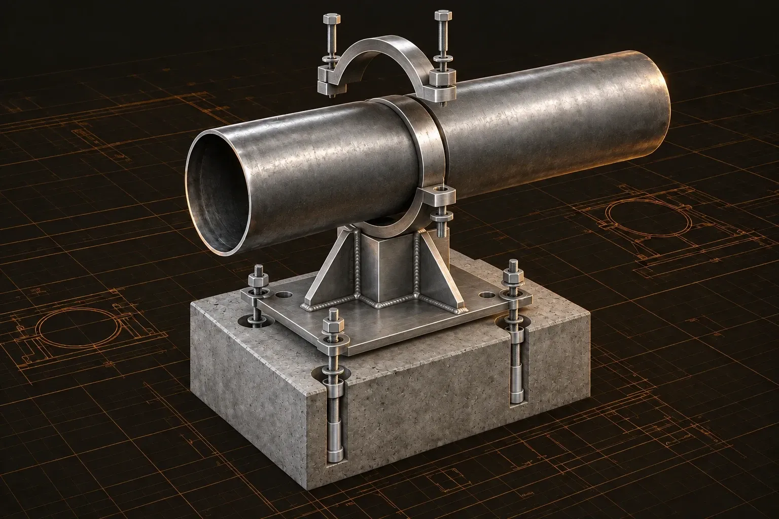 Custom pipe anchor assembly with a gusseted frame, bolted base, and separated upper clamp.