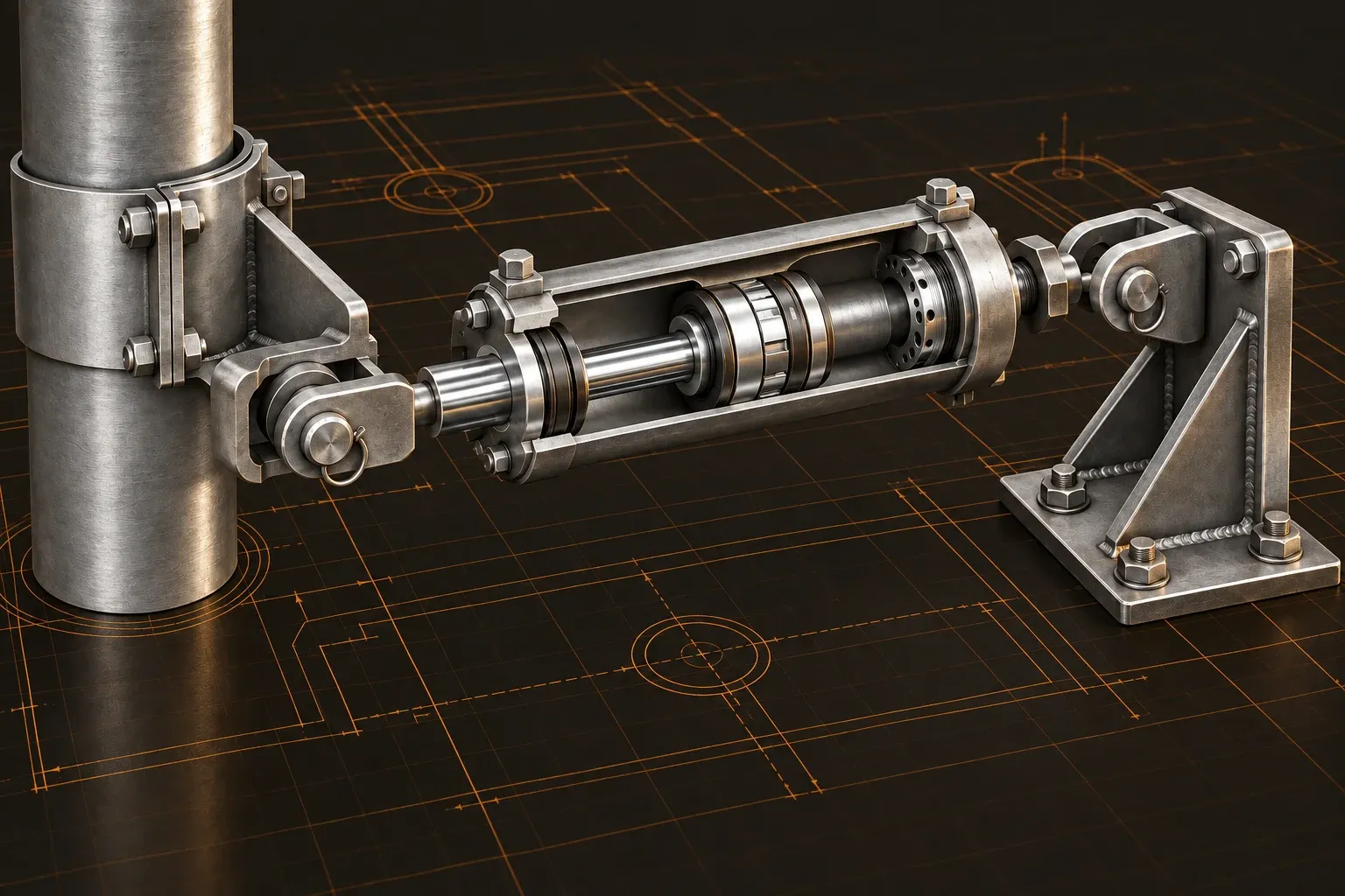 Cutaway hydraulic pipe restraint with piston, clevis fittings, and structural attachment.