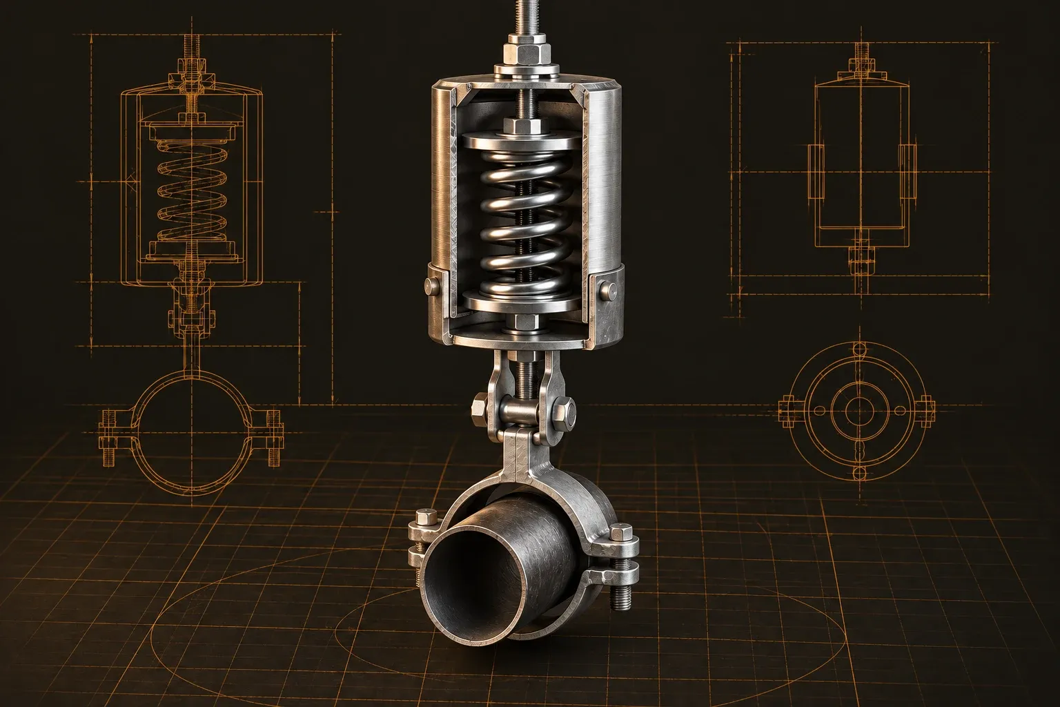 Cutaway spring hanger showing its compression spring, load plate, threaded rod, and pipe clamp.
