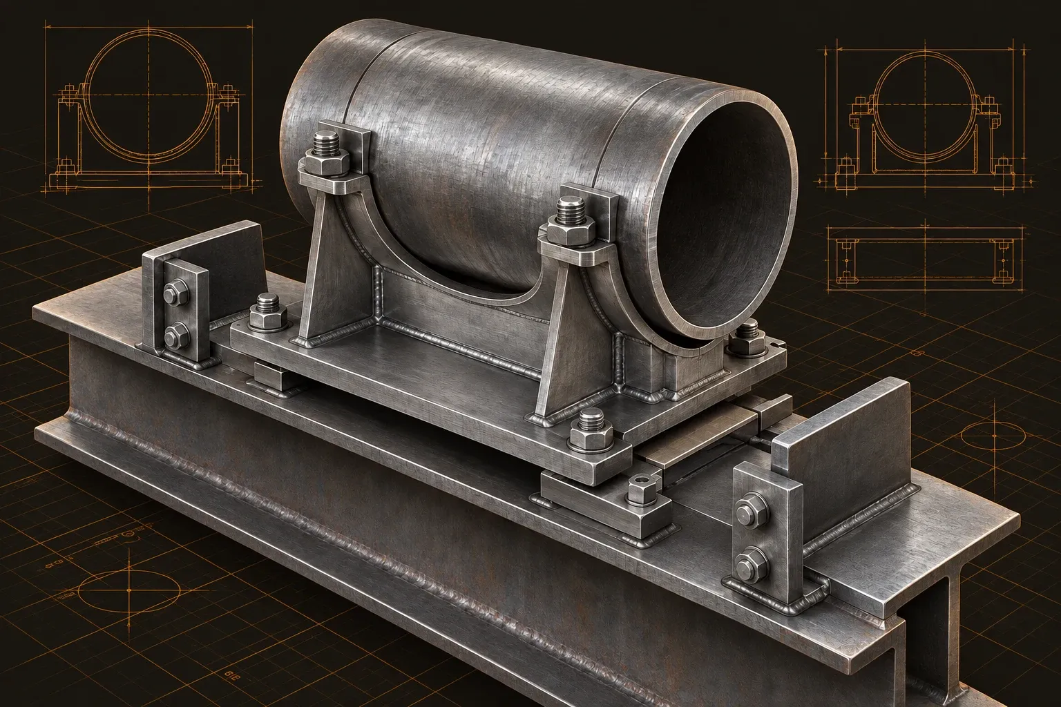 Welded pipe shoe with stiffening ribs, slide plate, and side guides on a steel beam.