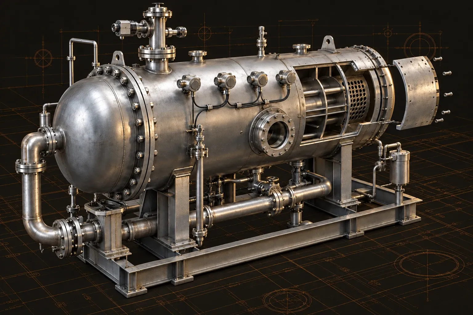 Pressure vessel and piping module with inspection ports and a wall-thickness cutaway.
