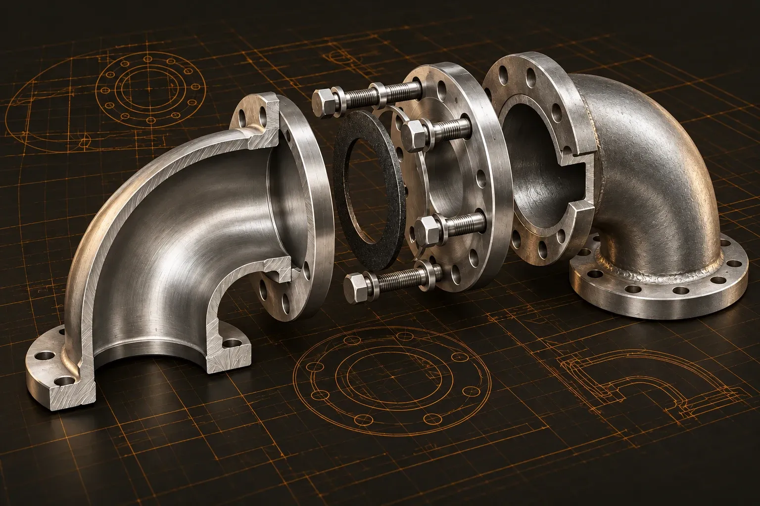 Sectioned pipe and flange assembly showing alloy surfaces, gasket, and corrosion detail.
