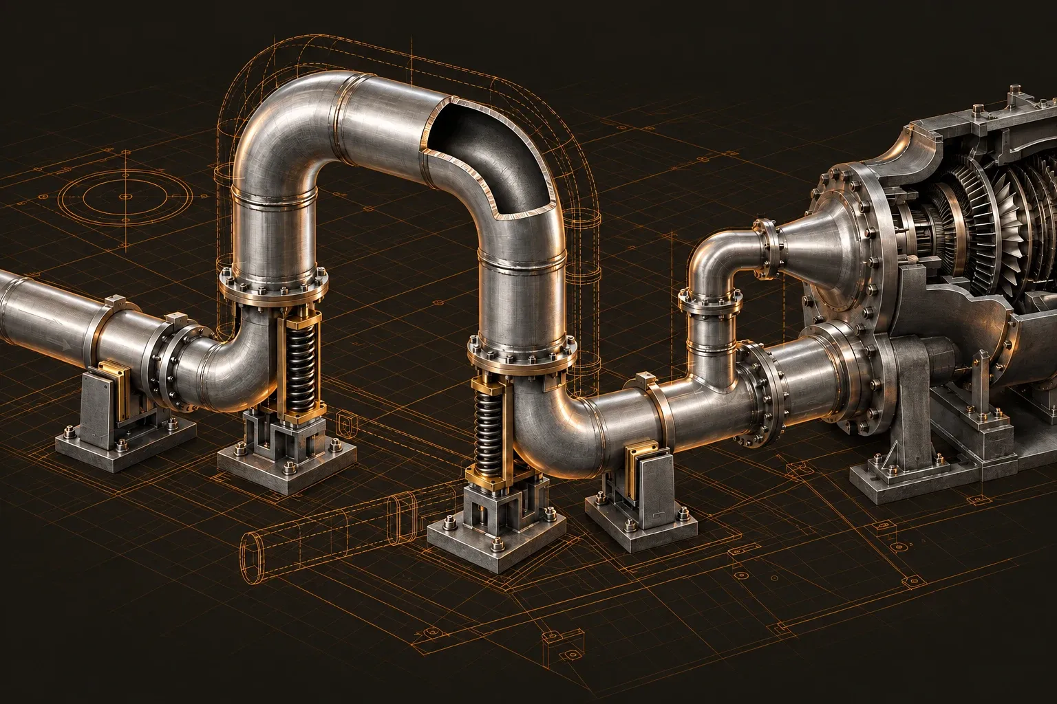 Steam piping expansion loop with guides, spring supports, and a turbine connection.