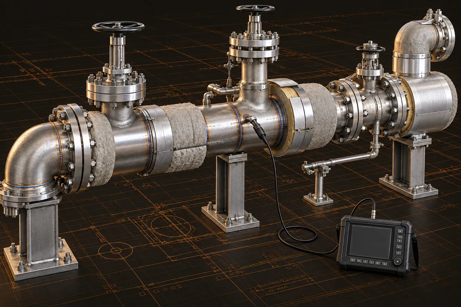 Process manifold with exposed welds and an ultrasonic inspection probe.