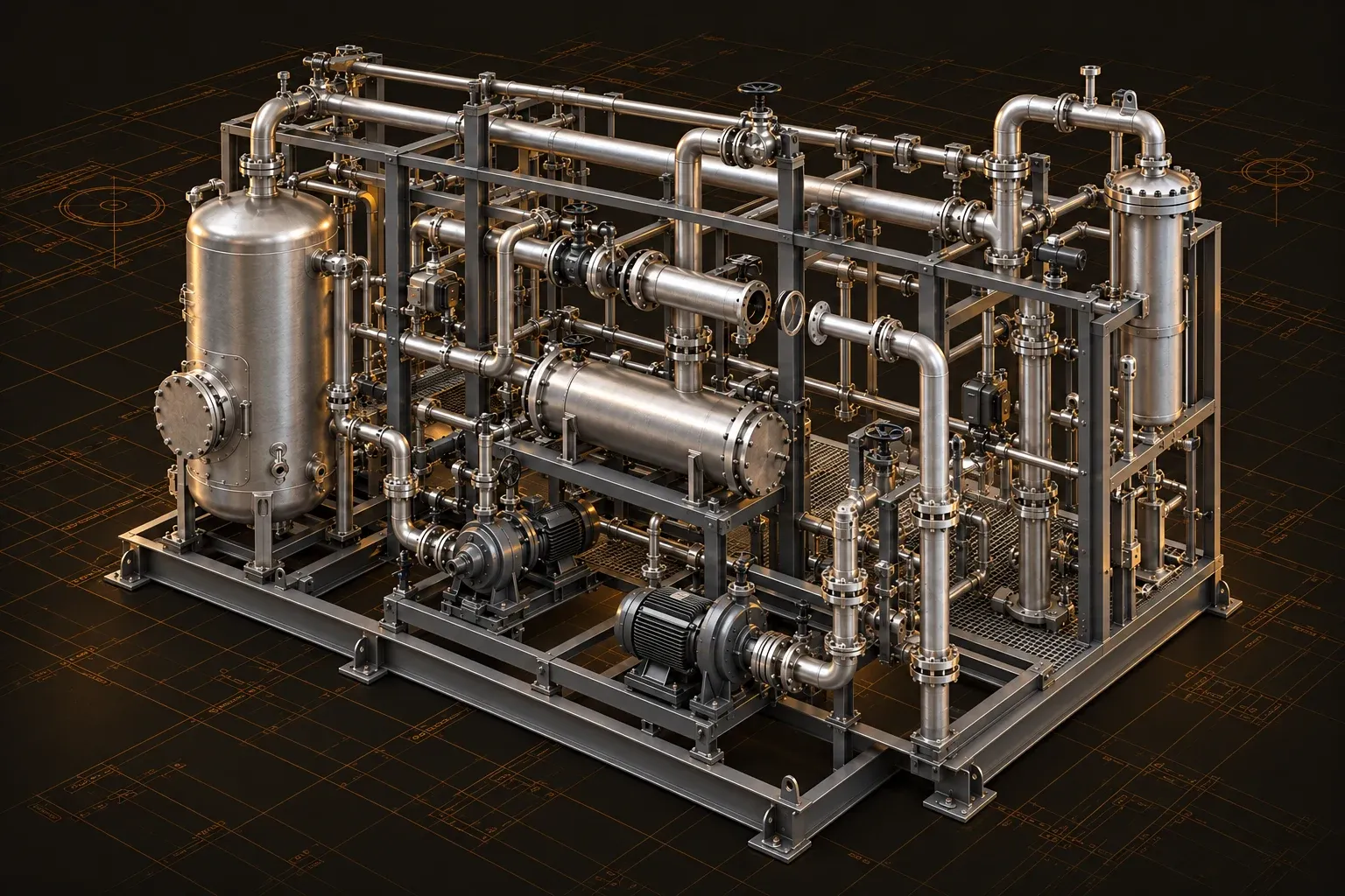 Photorealistic process piping skid with flanged valves, pumps, and a steel pipe rack.