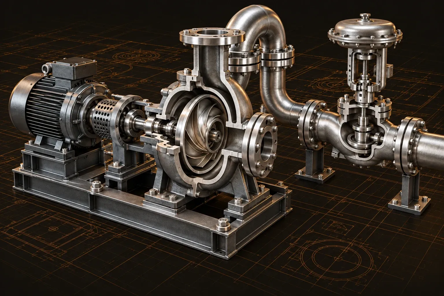 Cutaway pump and control-valve station with connected pressure piping.