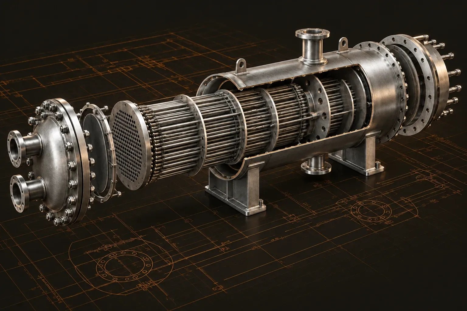 Exploded shell-and-tube heat exchanger with visible tube bundle, baffles, and channel head.
