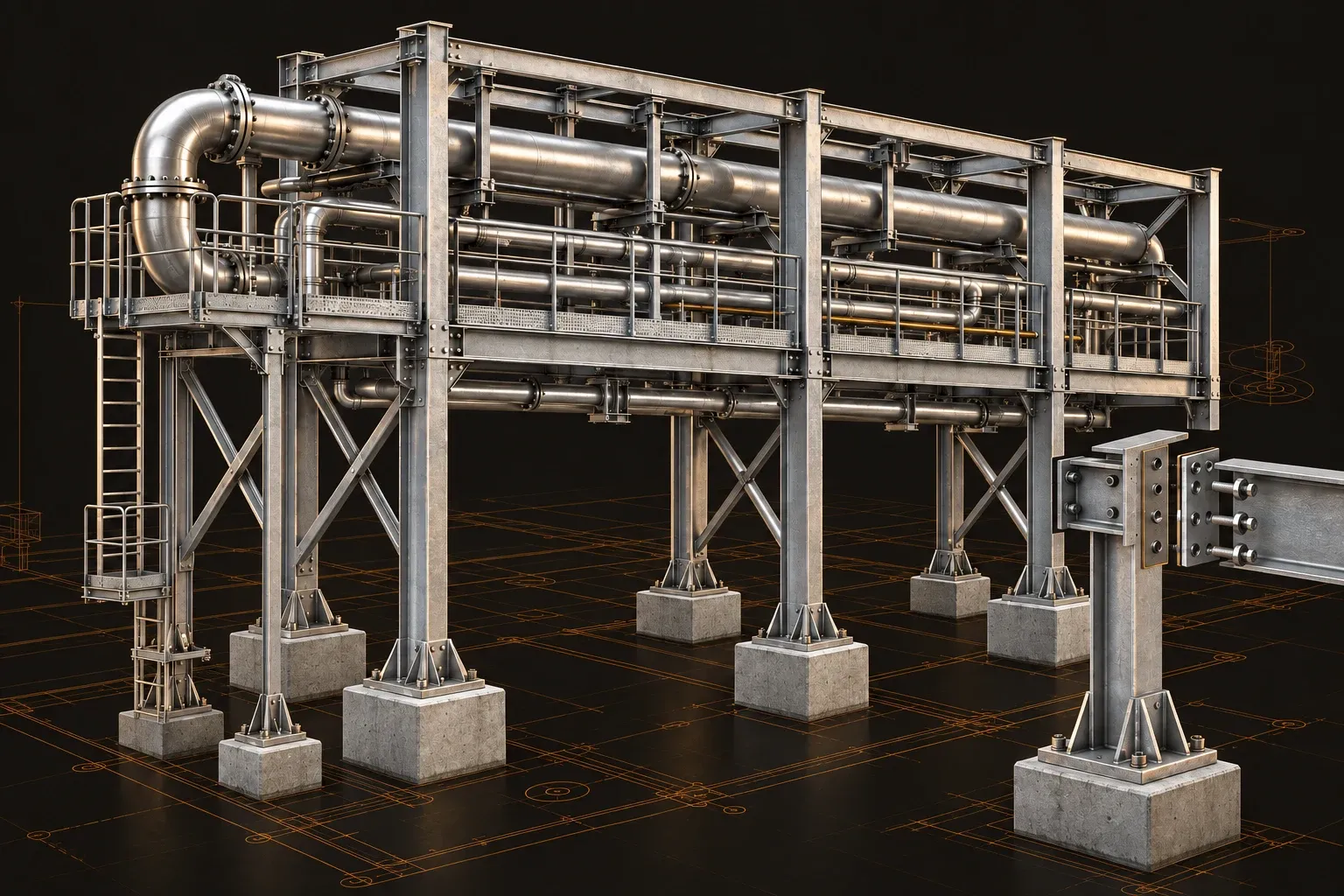 Steel pipe rack module with platforms, bracing, and detailed beam connections.