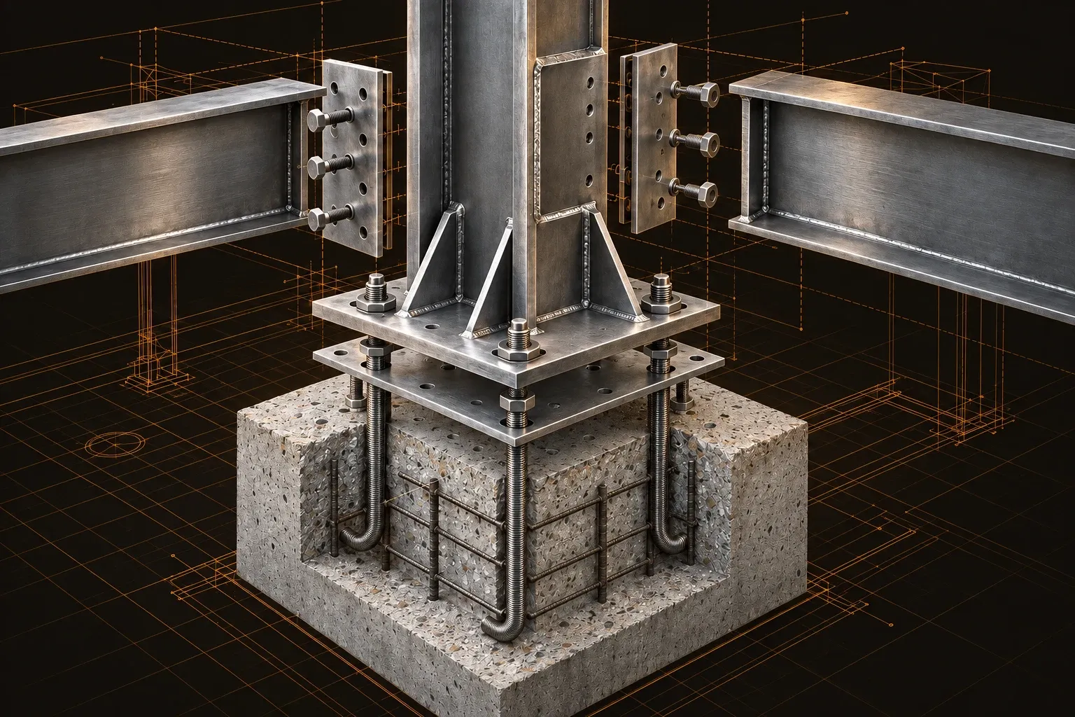 Exploded steel connection with stiffeners, anchor rods, and a sectioned foundation.