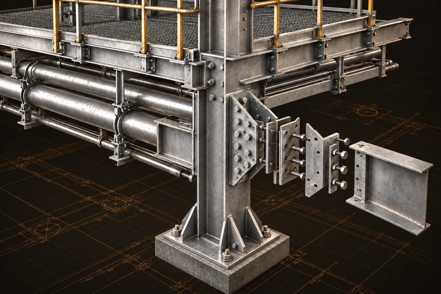 Weathered industrial steel connection with gusset plates and inspection detail.