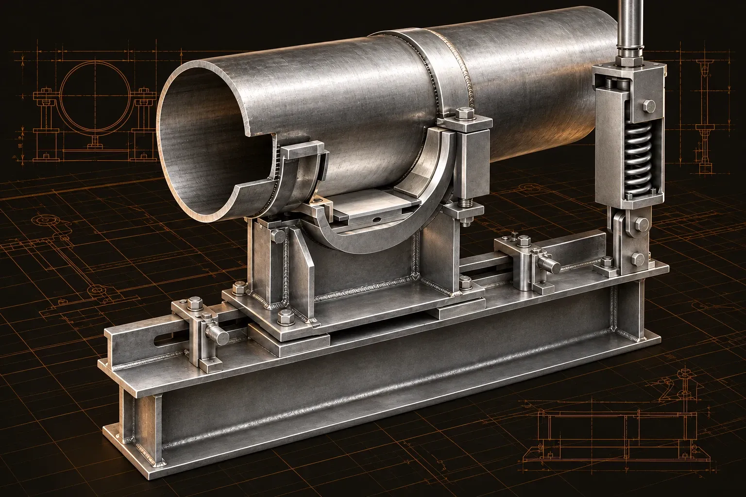 Installed steam pipe shoe, guided support, and spring hanger with exposed contact surfaces.
