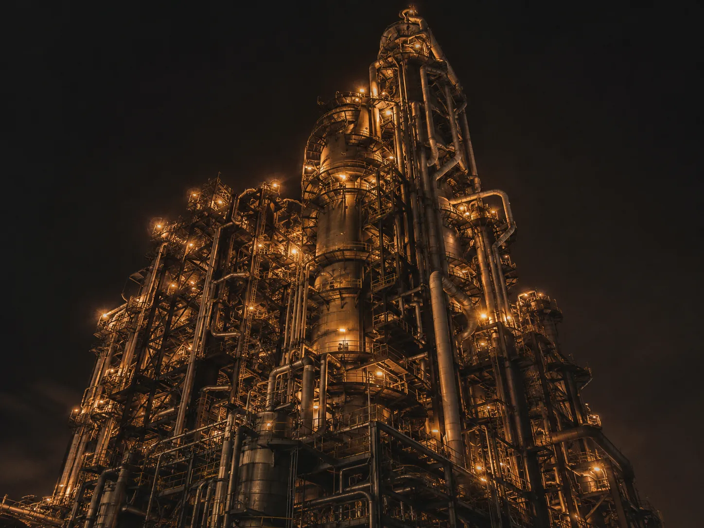 Refinery fluid catalytic cracking unit at night, tall steel structure with piping