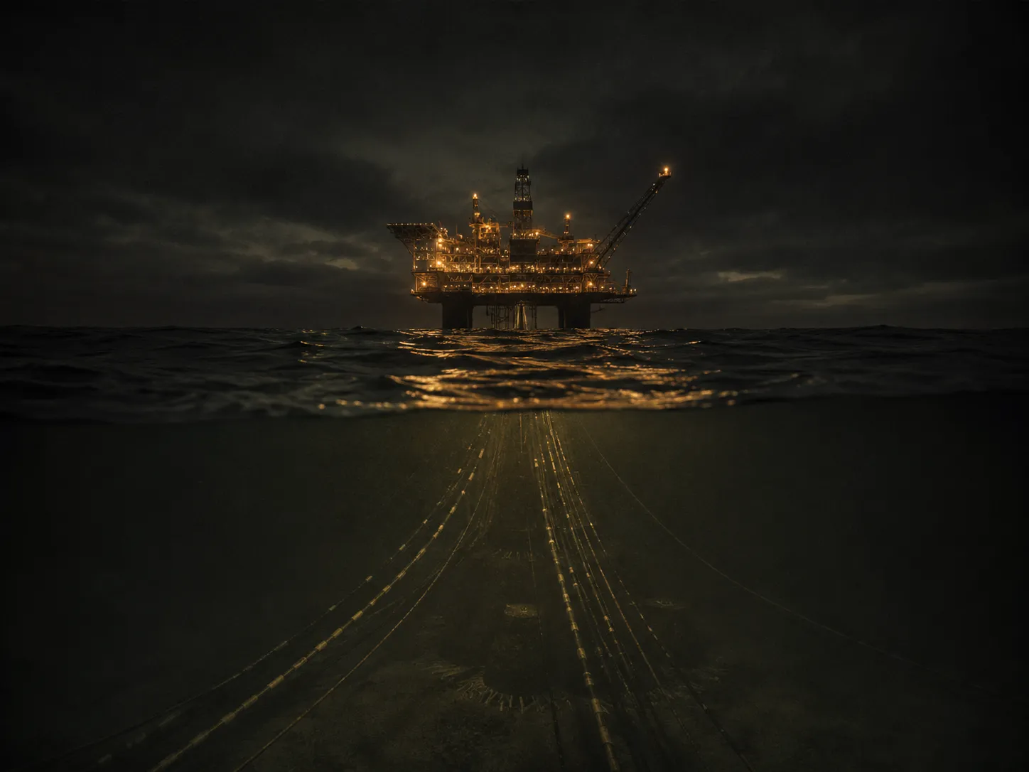 Offshore oil production platform at night in open ocean, subsea tie-back engineering