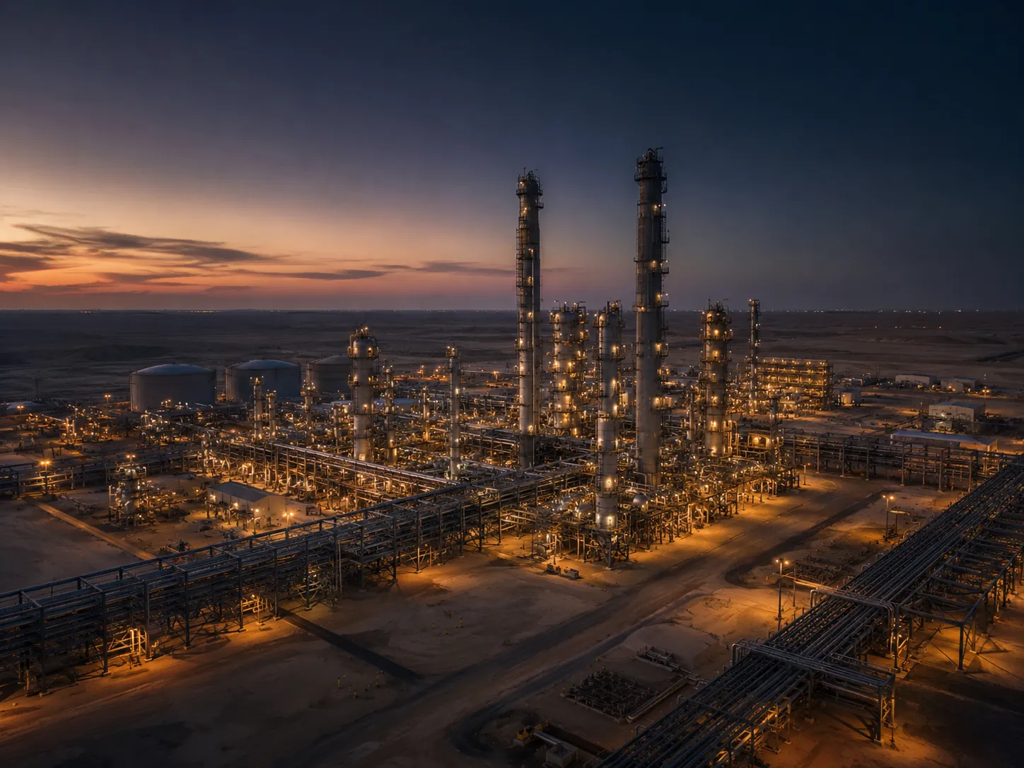 Natural gas processing plant in desert at dusk with fractionation columns